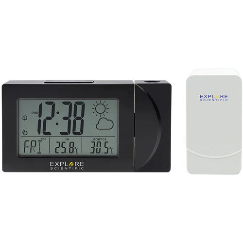 Explore Scientific Projection Radio Clock with Weather Sensor – Black (RPW3008CM3000)