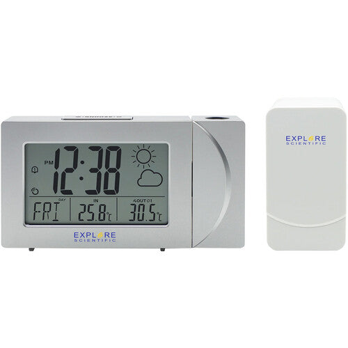 Explore Scientific Projection Radio Clock with Weather Sensor – Silver (RPW3008SHZI000)