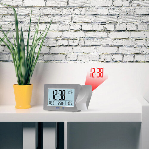 Explore Scientific Projection Radio Clock with Weather Sensor – Silver (RPW3008SHZI000)