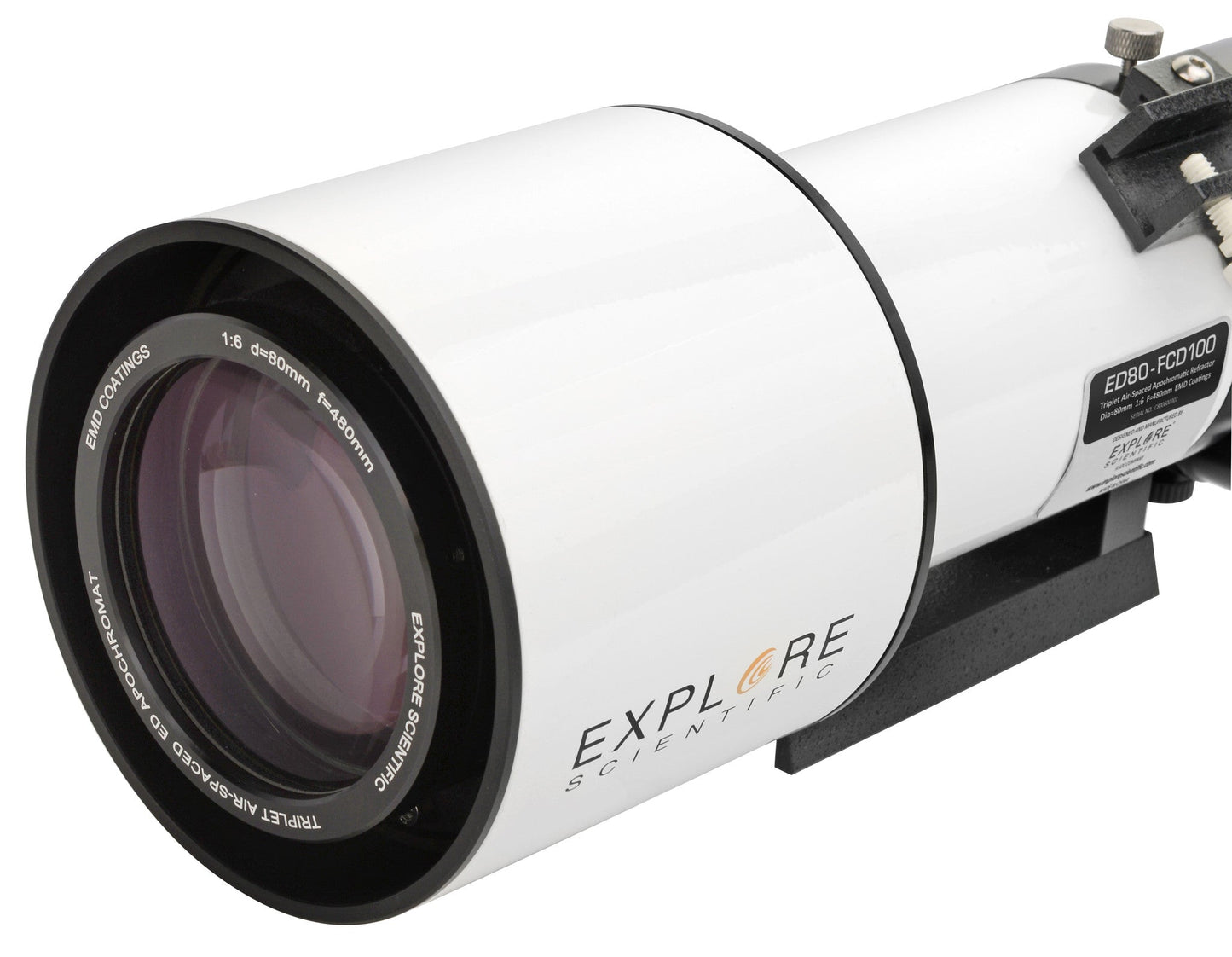 Close-up of the Explore Scientific FCD100 80mm refractor front lens cell and dew shield