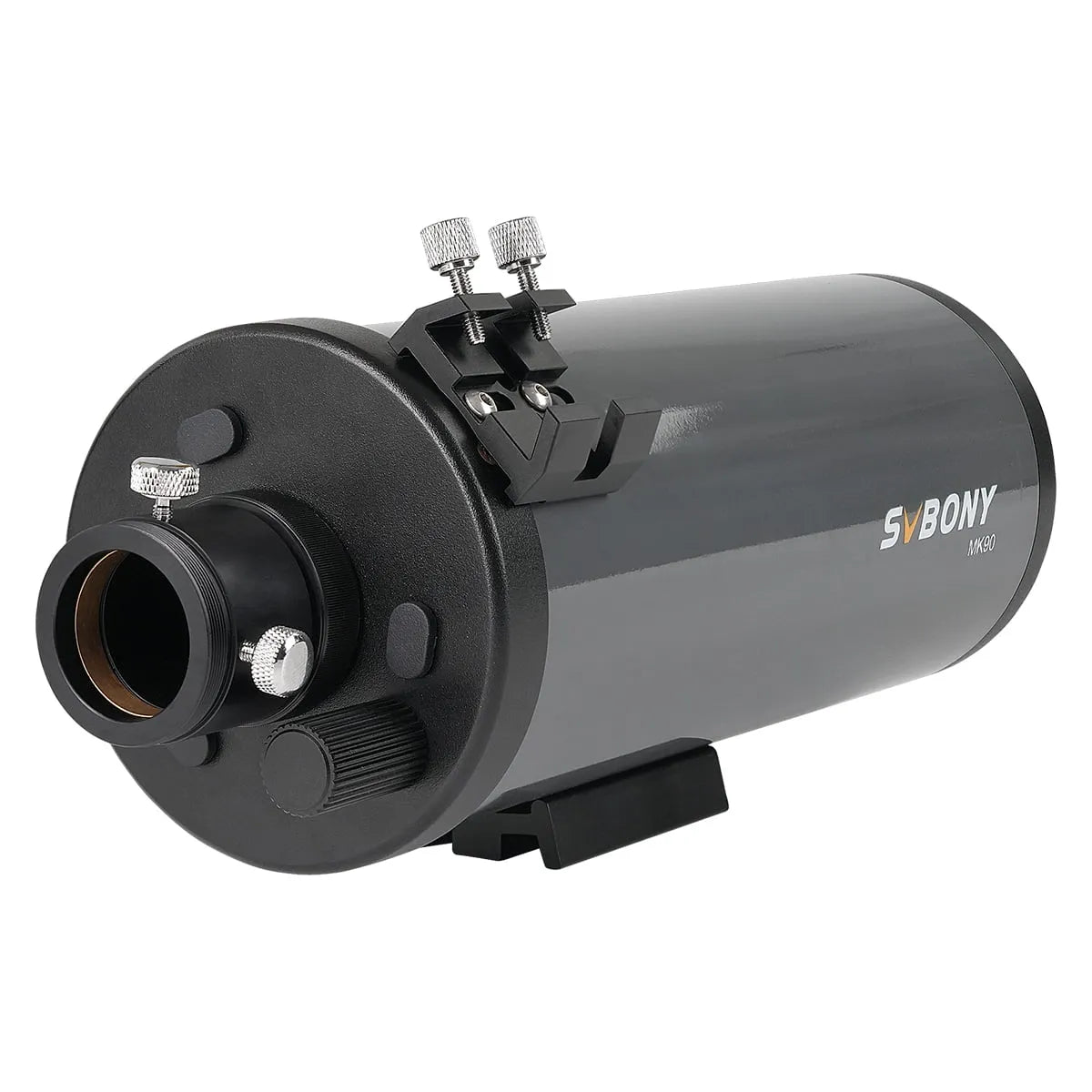Rear view of the SVBONY MK90 Maksutov-Cassegrain telescope F9382B showing eyepiece holder focuser and rear port detail for beginner planetary viewing and astrophotography — Telescope Wolves