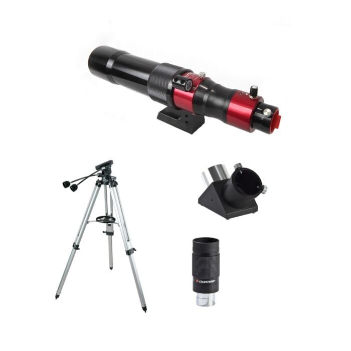 DayStar Scout 60mm dedicated solar telescope SS60DS complete parts layout showing all included telescope tube eyepiece diagonal and accessory components laid out confirming everything included out of the box for beginner astronomers and solar enthusiasts planning their first dedicated hydrogen alpha solar telescope setup for seeing solar prominences solar filaments chromospheric network and fine solar surface detail — Telescope Wolves
