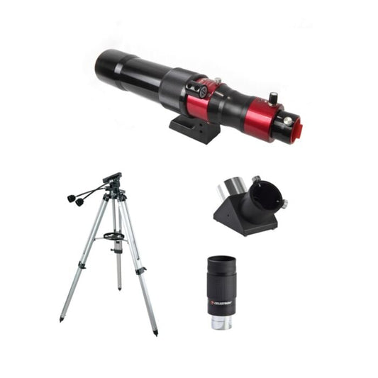 DayStar Scout 60mm dedicated solar telescope SS60DS complete parts layout showing all included telescope tube eyepiece diagonal and accessory components laid out confirming everything included out of the box for beginner astronomers and solar enthusiasts planning their first dedicated hydrogen alpha solar telescope setup for seeing solar prominences solar filaments chromospheric network and fine solar surface detail — Telescope Wolves