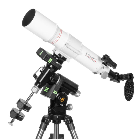 Explore Scientific FirstLight AR80 640mm achromat refractor telescope on an iEXOS-100 GoTo mount for beginner stargazing