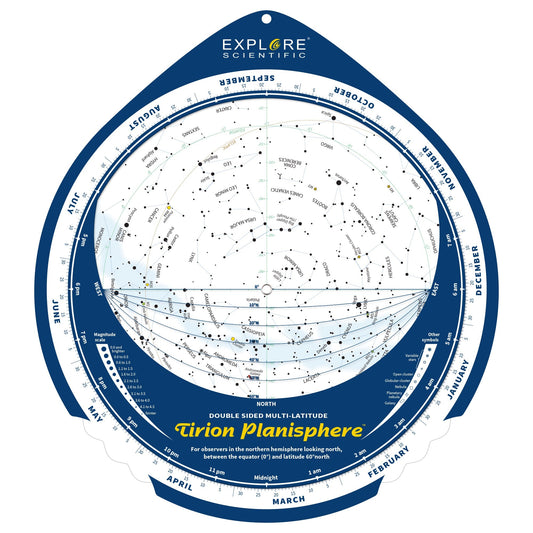 Explore Scientific Tirion planisphere star map for learning how to find Polaris, the North Star