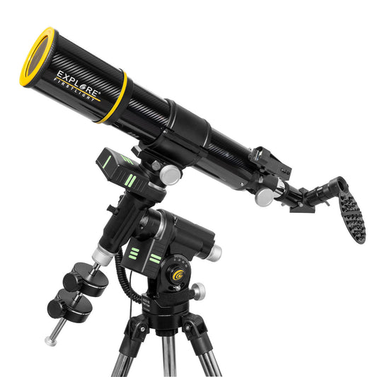 Explore Scientific FirstLight 80mm carbon fiber refractor telescope starter bundle with solar filter and iEXOS-100 GoTo mount