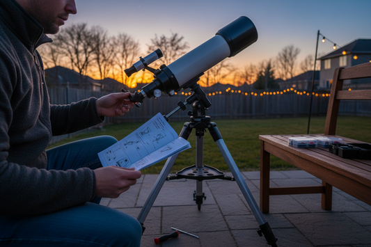 Beginner assembling and setting up their first telescope outdoors with instruction manual, step-by-step telescope setup guide