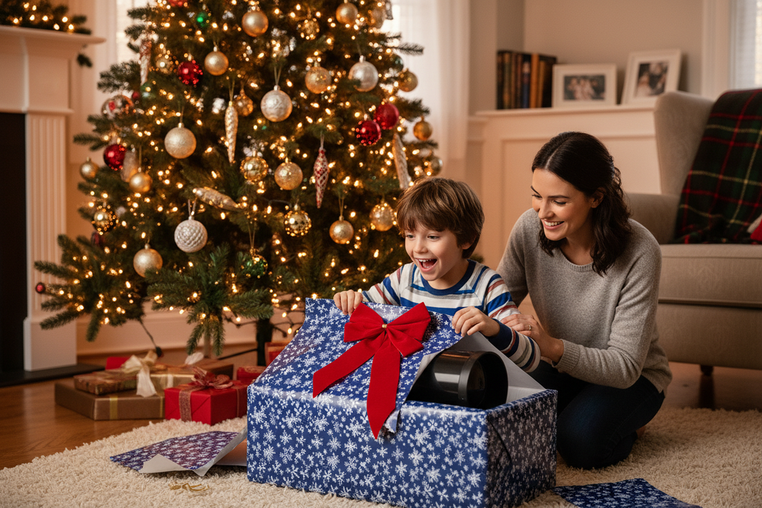 Child unwrapping telescope gift at Christmas with parent watching - meaningful educational holiday present