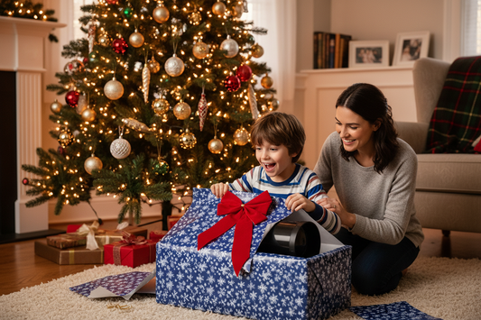 Child unwrapping telescope gift at Christmas with parent watching - meaningful educational holiday present