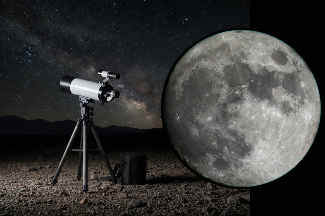Compact travel telescope with view through eyepiece showing detailed Moon craters and surface features