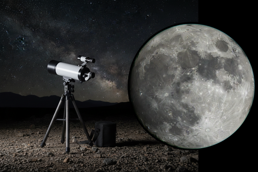 Compact travel telescope with view through eyepiece showing detailed Moon craters and surface features
