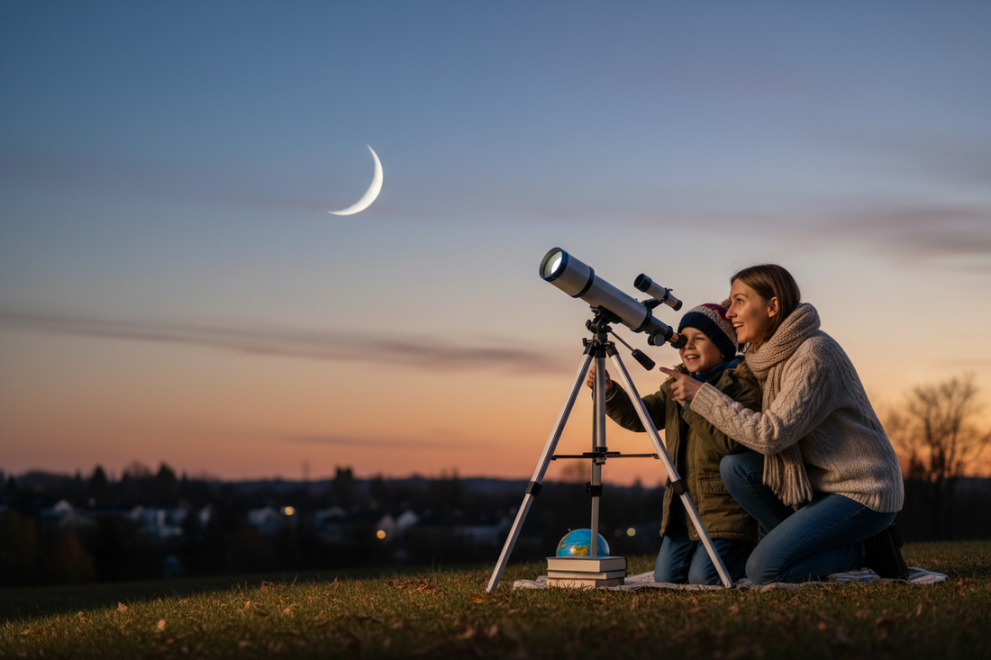 Parent helping child observe the Moon through telescope at dusk - family stargazing together