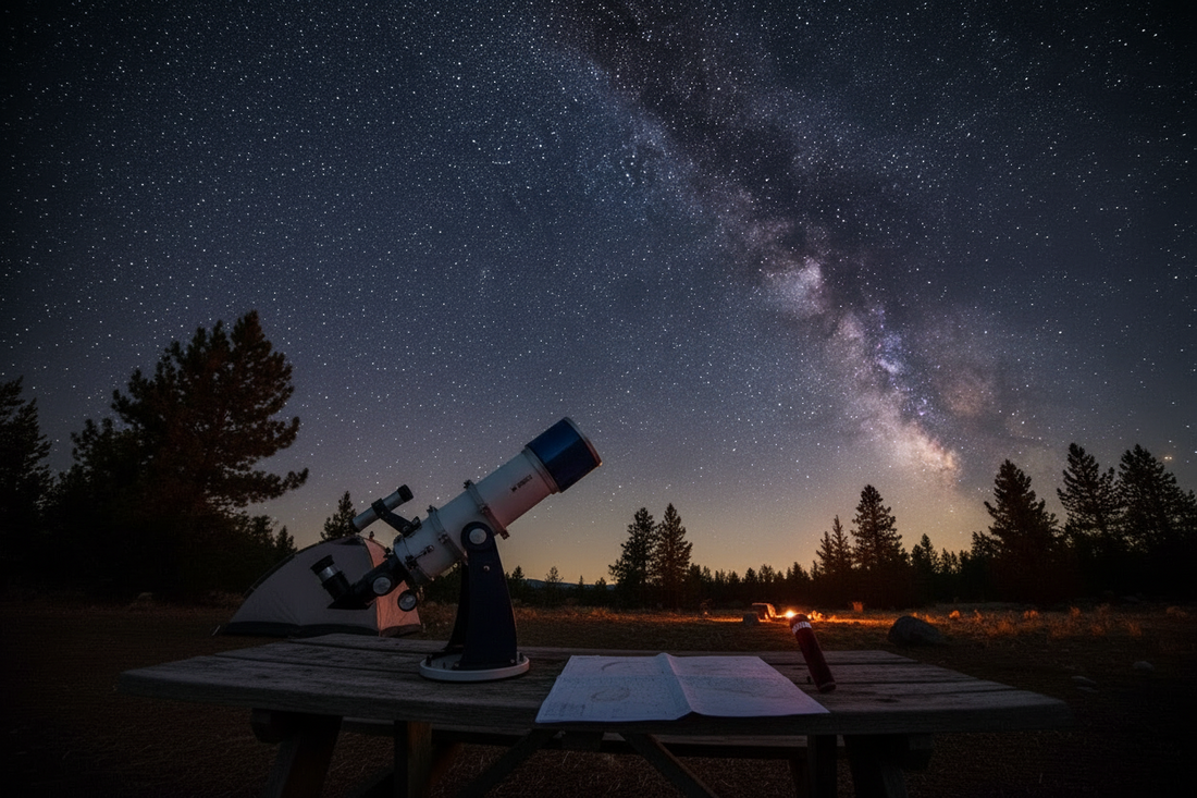 abletop Dobsonian telescope on wooden picnic table at campsite with paper star chart and red LED flashlight under starry night sky