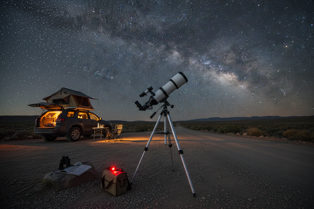 Portable telescope set up at campground under starry sky - realistic travel astronomy setup