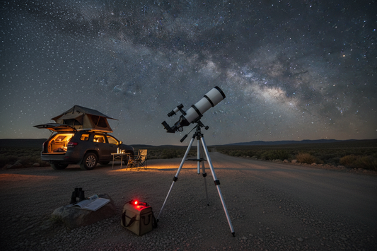 Portable telescope set up at campground under starry sky - realistic travel astronomy setup
