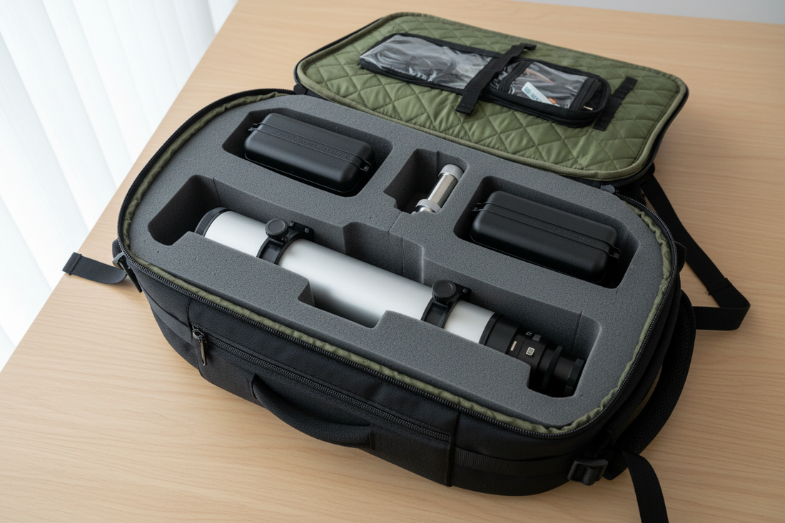 Refractor telescope wrapped in foam padding being packed in protective backpack case with organized eyepiece compartments and accessories