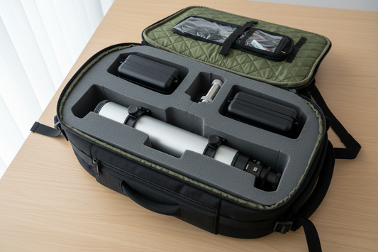 Refractor telescope wrapped in foam padding being packed in protective backpack case with organized eyepiece compartments and accessories