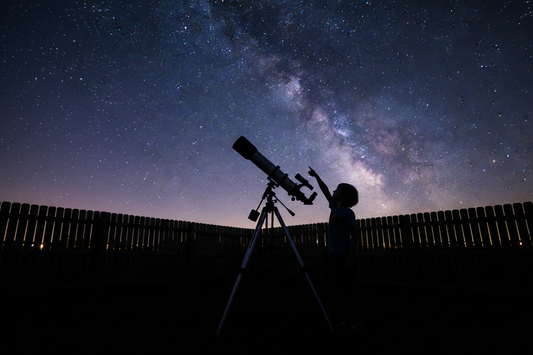 Silhouette of child using beginner telescope in backyard under starry night sky - best telescope for kids ages 6-14