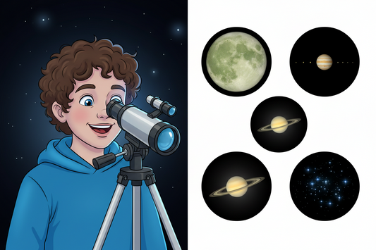Child looking through beginner telescope with eyepiece views showing the Moon's craters, Jupiter with moons, Saturn's rings, and Pleiades star cluster