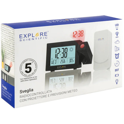 Explore Scientific Projection Radio Clock with Weather Sensor – Black (RPW3008CM3000)