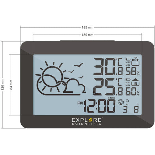 Explore Scientific Large‑Display Radio Weather Station – Black (WSH4002CM3000)