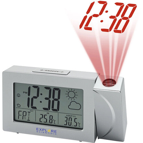 Explore Scientific Projection Radio Clock with Weather Sensor – Silver (RPW3008SHZI000)
