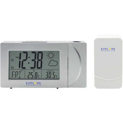 Explore Scientific Projection Radio Clock with Weather Sensor – Silver (RPW3008SHZI000)