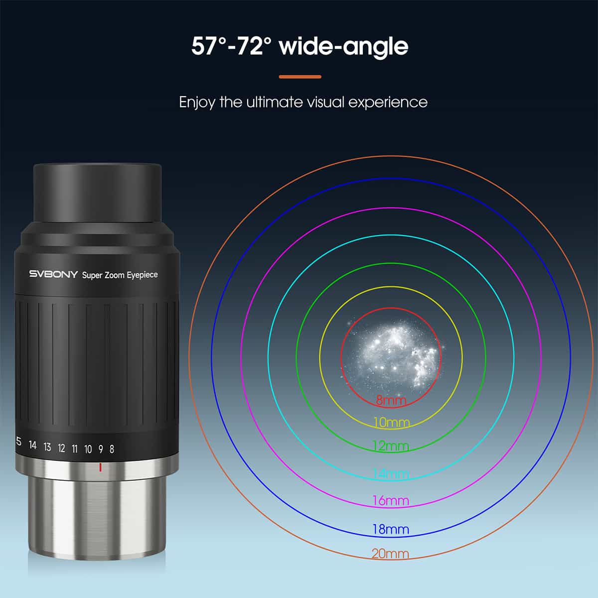 SV230 Super Zoom Aspheric Eyepiece Clickstop Parfocal Design 8-20mm 57°- 72° AFOV for Astronomical Observation with 1¼" / 2" Nosepieces