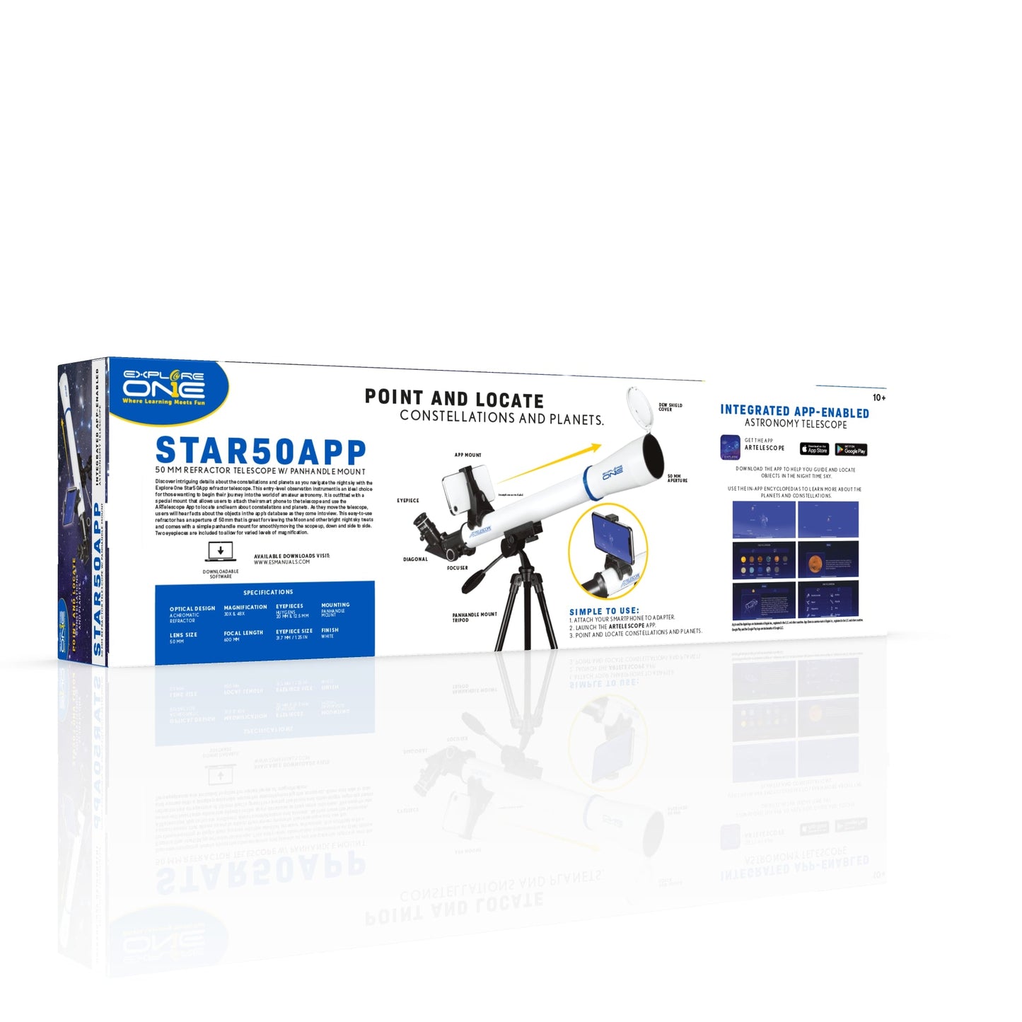 Explore One STAR50APP 50mm Refractor Telescope with Panhandle Mount and Astronomy APP 88-34550