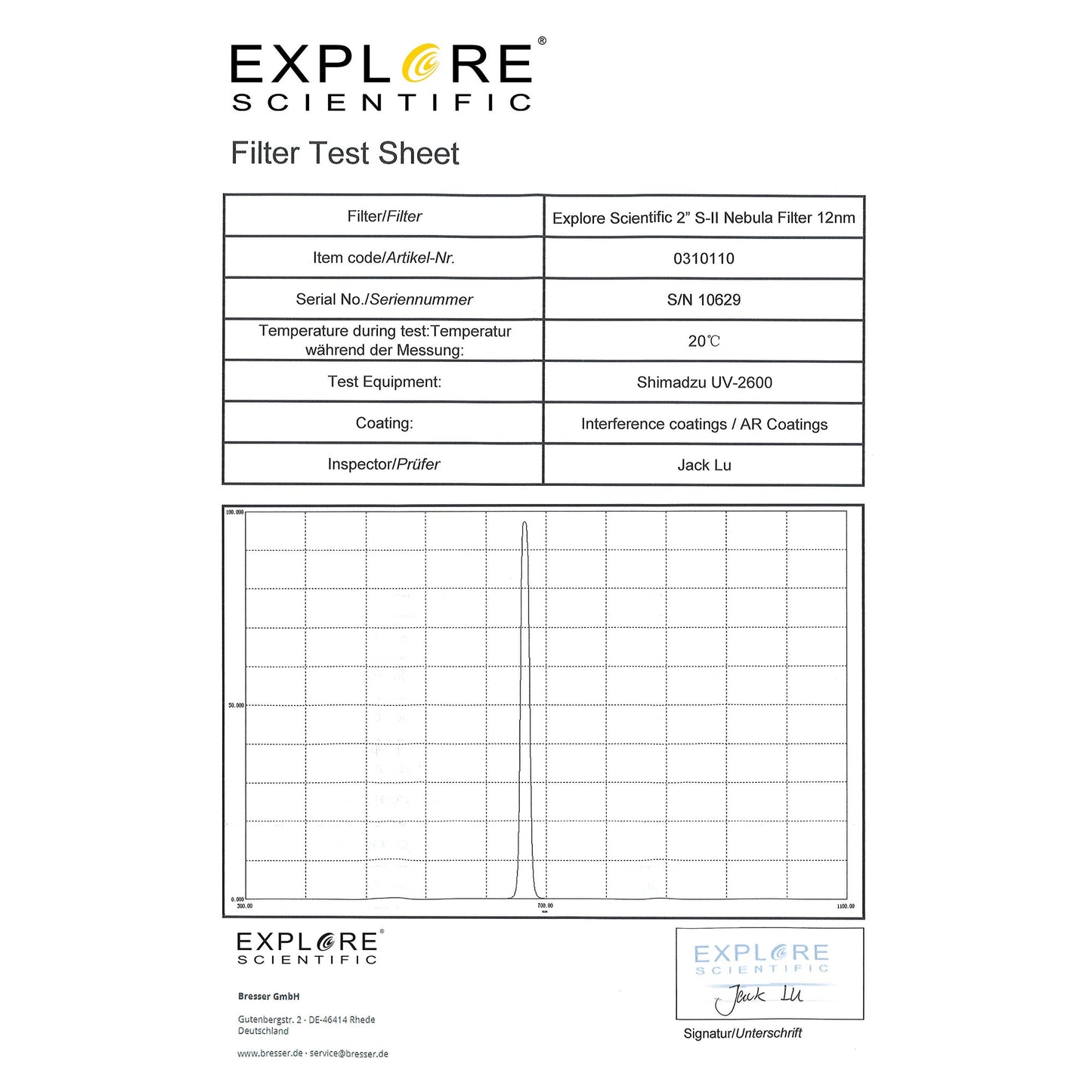 Explore Scientific Nebula Filter S-II 2-inch 12nm 310110