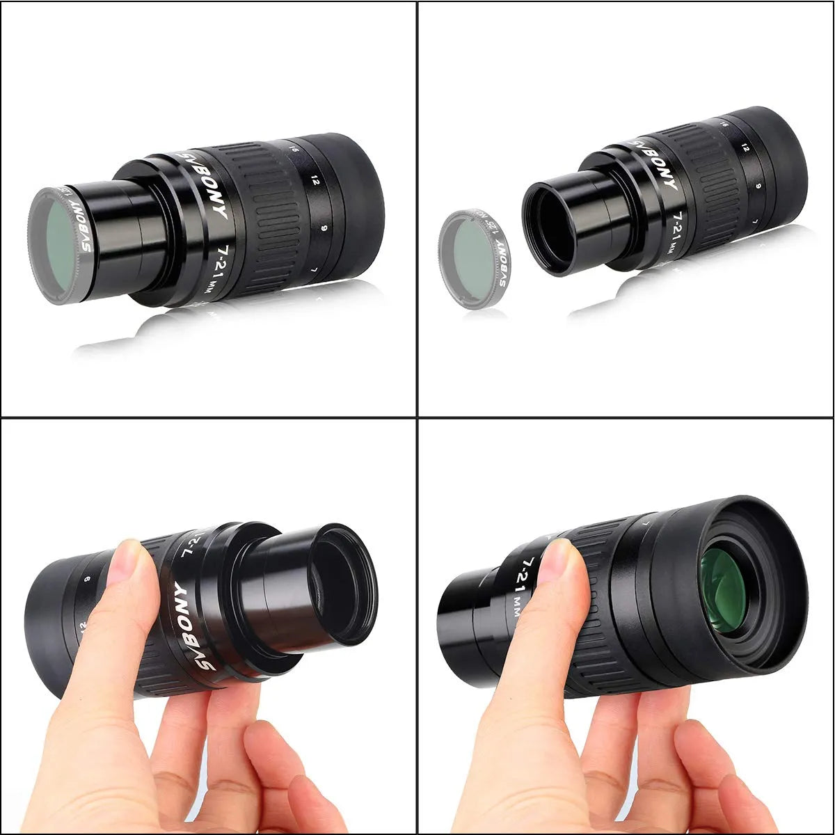 Comprehensive multi angle view of SVBONY SV135 7 to 21mm zoom eyepiece 1.25 inch W9105A showing zoom mechanism barrel design lens coating quality and overall build construction for beginner telescope owners considering their first zoom eyepiece upgrade — Telescope Wolves