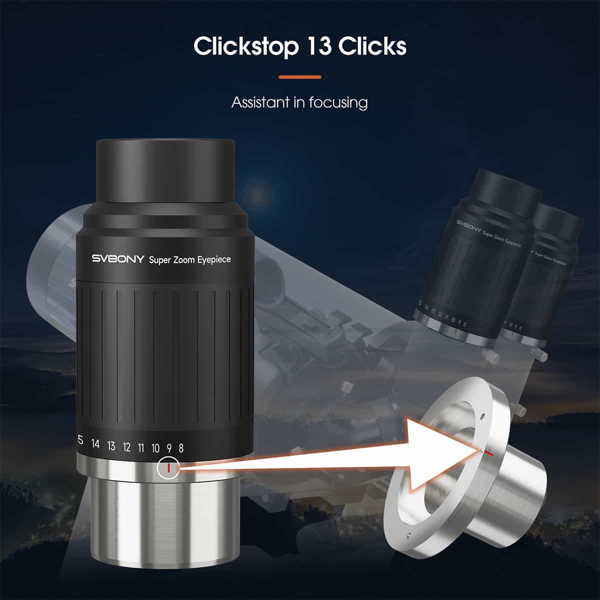 SV230 Super Zoom Aspheric Eyepiece Clickstop Parfocal Design 8-20mm 57°- 72° AFOV for Astronomical Observation with 1¼" / 2" Nosepieces