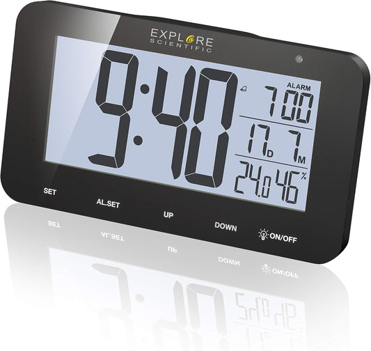 Explore Scientific Radio Controlled Clock — Black — Atomic Accuracy Digital Display