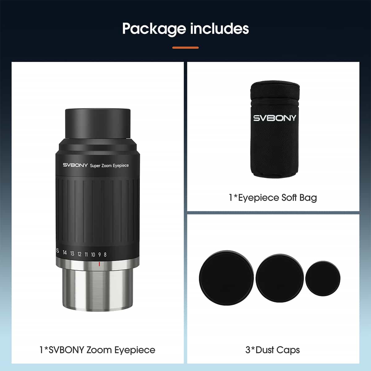 SV230 Super Zoom Aspheric Eyepiece Clickstop Parfocal Design 8-20mm 57°- 72° AFOV for Astronomical Observation with 1¼" / 2" Nosepieces