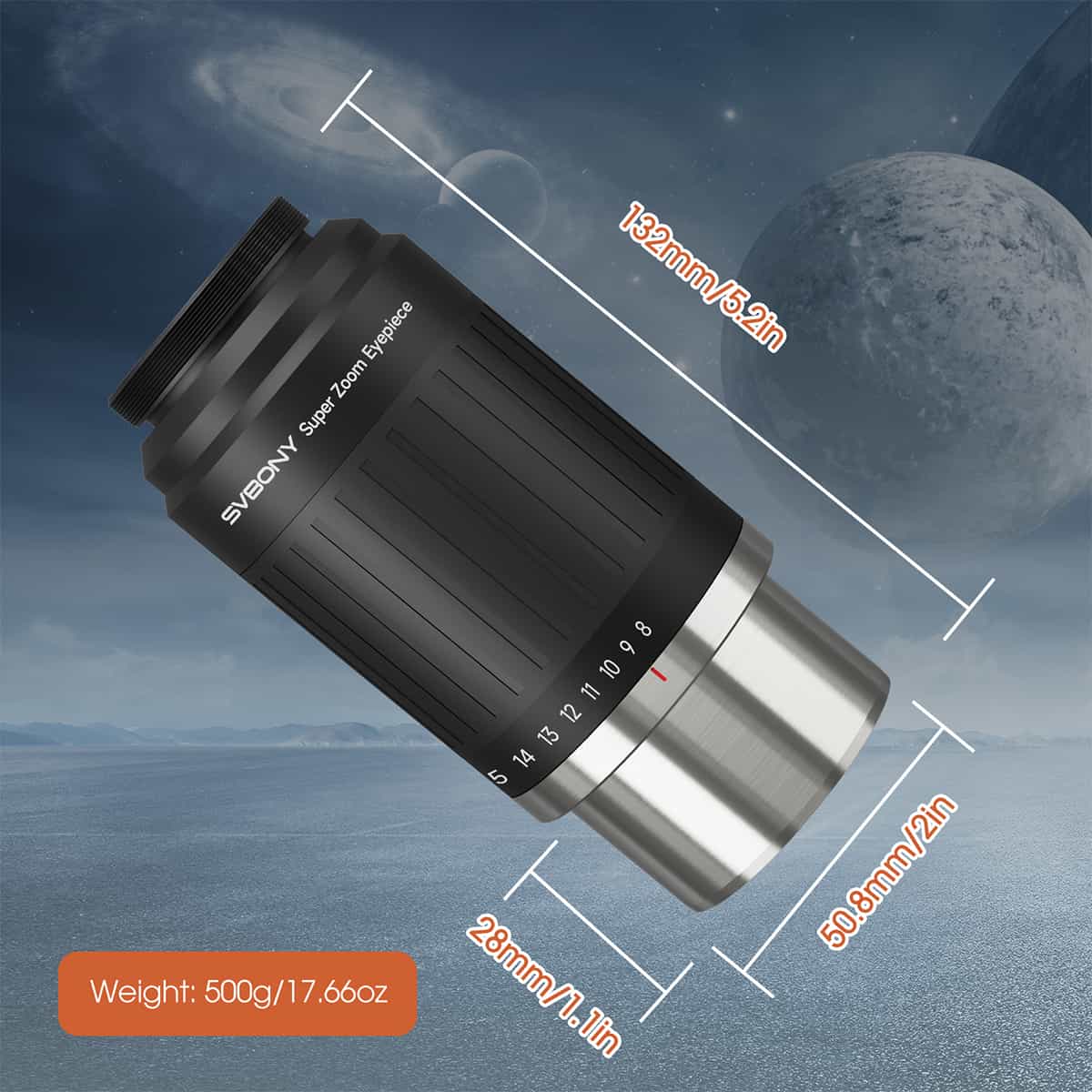 SV230 Super Zoom Aspheric Eyepiece Clickstop Parfocal Design 8-20mm 57°- 72° AFOV for Astronomical Observation with 1¼" / 2" Nosepieces