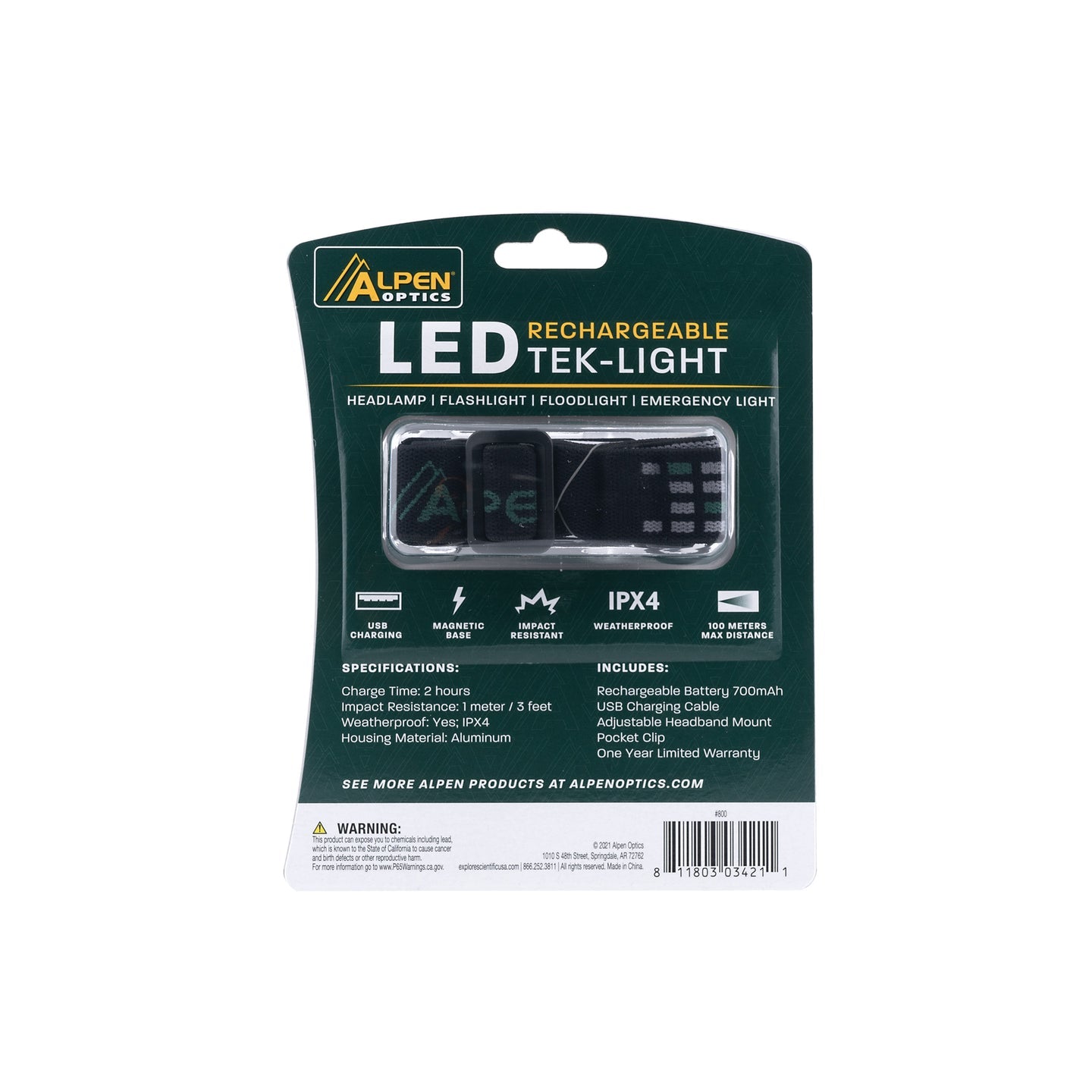 Alpen LED Rechargeable Tek-Light Headlamp 800