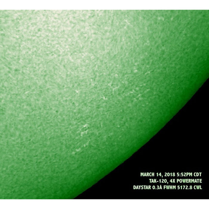 What you can see with the DayStar DSZMG Quark Magnesium Ib2-line solar filter – detailed photospheric surface features and solar granulation for beginner solar telescope imaging
