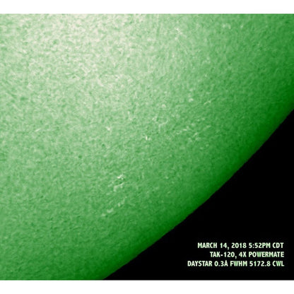 What you can see with the DayStar DSZMG Quark Magnesium Ib2-line solar filter – detailed photospheric surface features and solar granulation for beginner solar telescope imaging