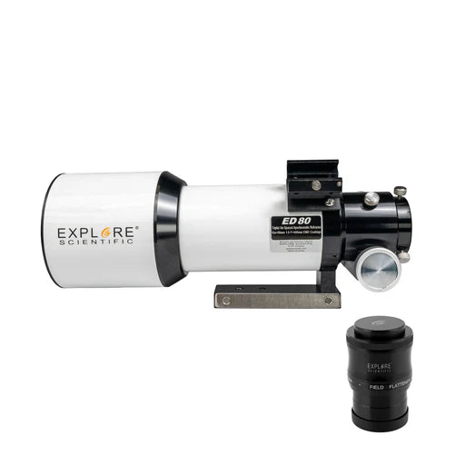 Explore Scientific ED80 triplet apochromatic refractor with 0.8x focal reducer and field flattener ES-ED-0806-FR0.8x-FF ideal for beginner astrophotographers providing sharp fully color corrected faster focal ratio and flat field corner to corner wide field imaging of deep sky objects nebulae galaxies and star clusters in a complete ready to image bundle — Telescope Wolves