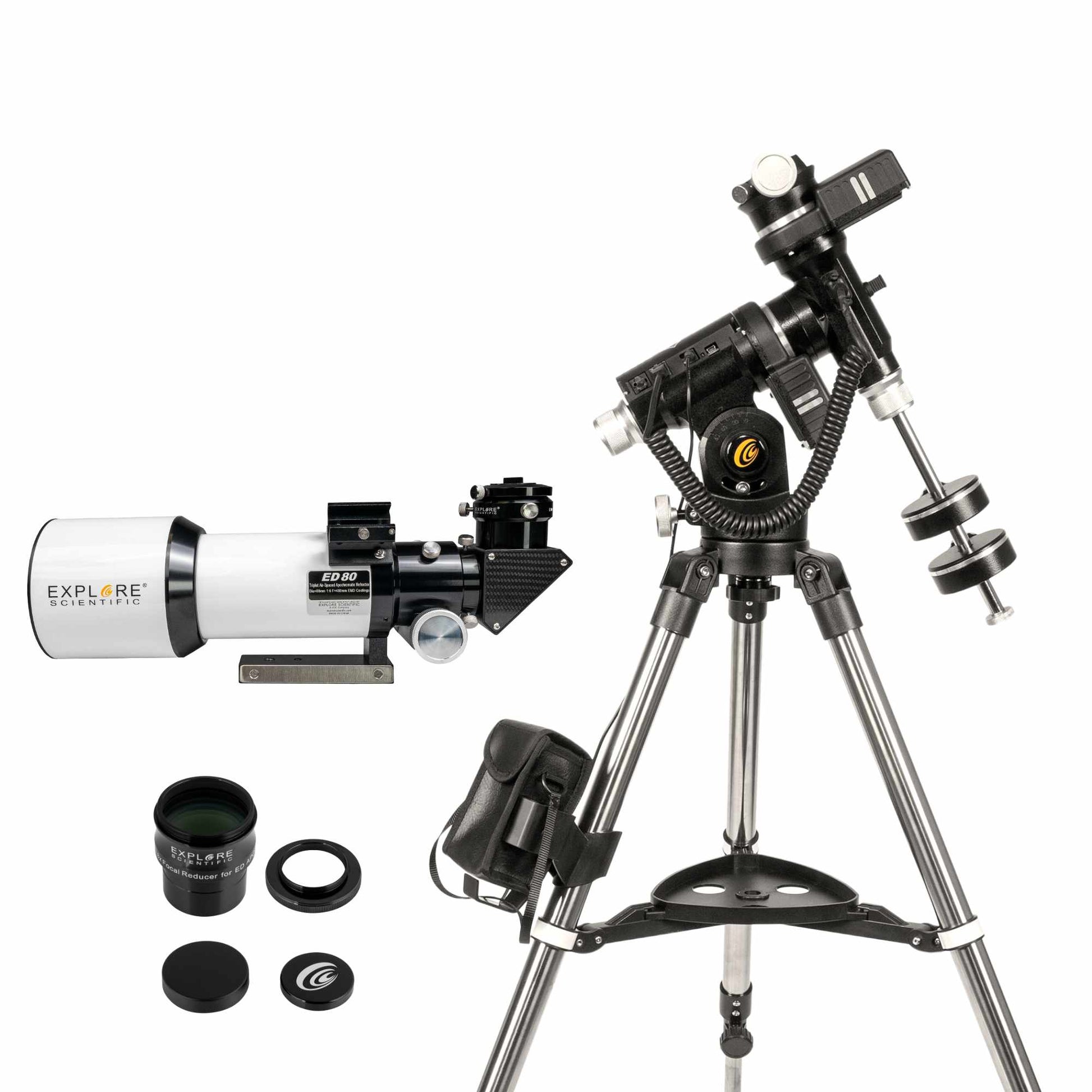 Explore Scientific ED 80mm refractor with 0.8x reducer and iEXOS-100 GoTo mount astrophotography kit