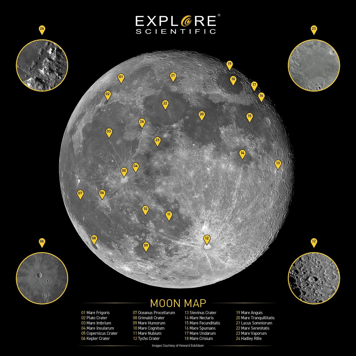 Explore Scientific Moon craters map, beginner lunar map for stargazing