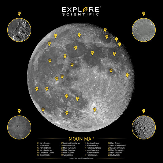 Explore Scientific Moon craters map, beginner lunar map for stargazing