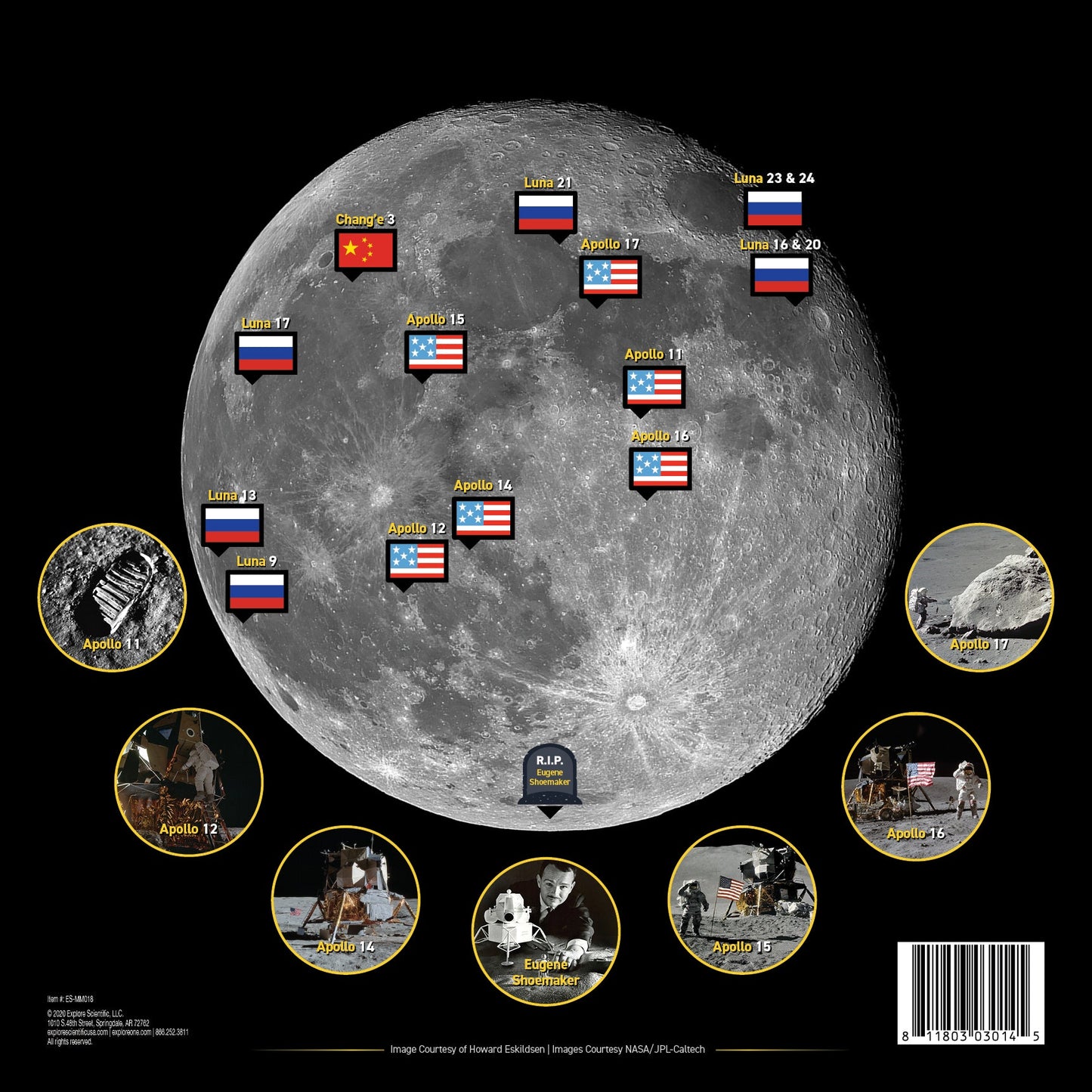 Back of Explore Scientific Moon map showing spacecraft lunar landing sites, a lunar map for stargazing