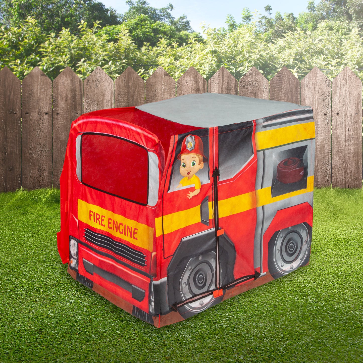 ExploreHut Fire Engine Collapsible Tent — Kids Pop-Up Play Tent for Imaginative Play | Telescope Wolves
