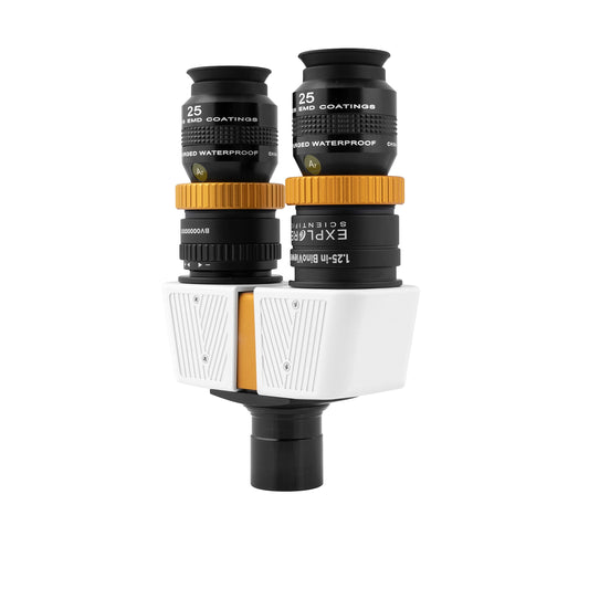 Explore Scientific 1.25 inch binoviewer with erecting prism ES-BINOV ideal for beginner astronomers providing comfortable relaxed and immersive two eye binocular style viewing of planets moon star clusters and deep sky objects through any standard 1.25 inch telescope with correct upright image orientation thanks to the included erecting prism — Telescope Wolves