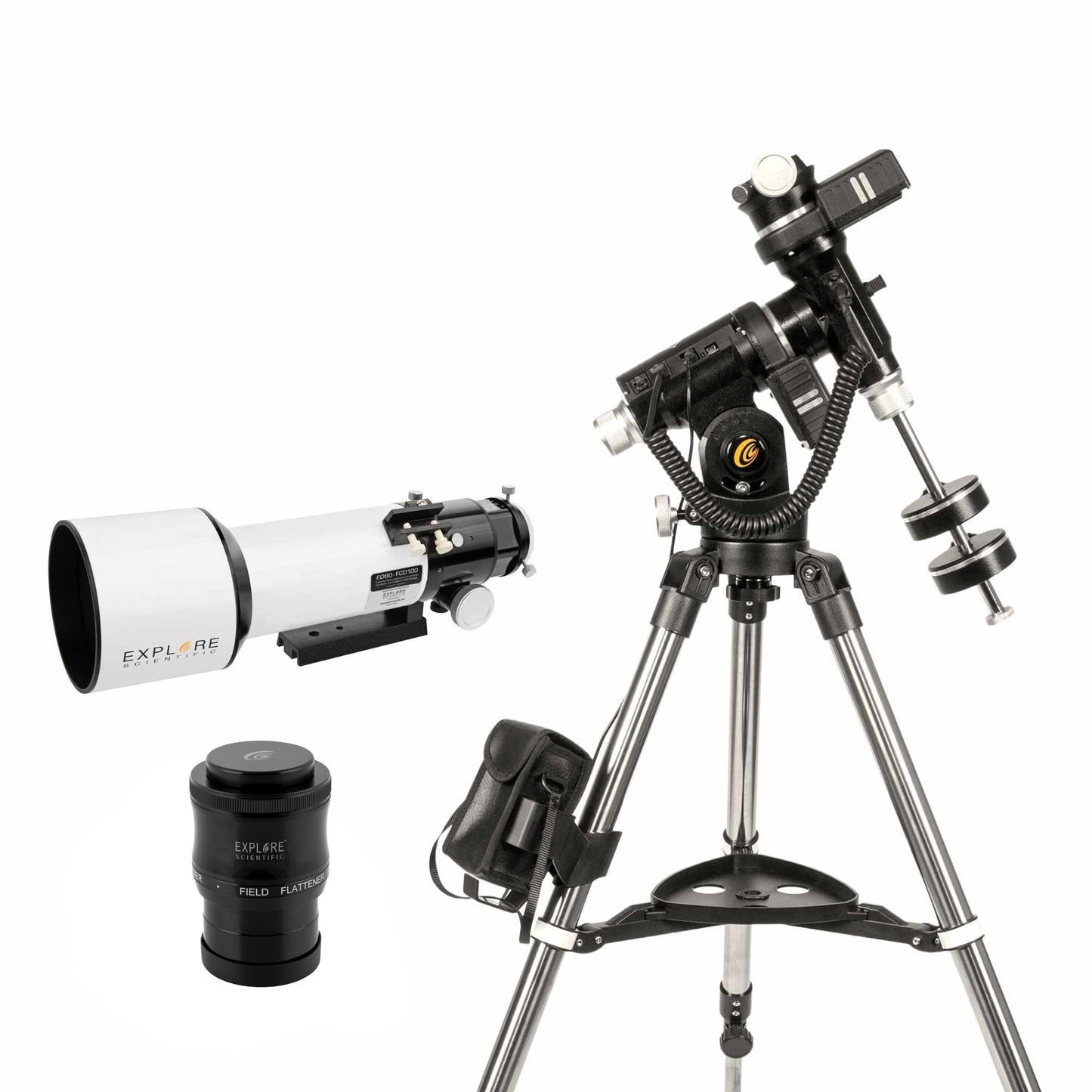 Explore Scientific ED80-FCD100 Air-Spaced Triplet Refractor Telescope with iEXOS-100-2 PMC-Eight Equatorial Tracker System and Field Flattener FCD100-0806-FF-IEXOS100