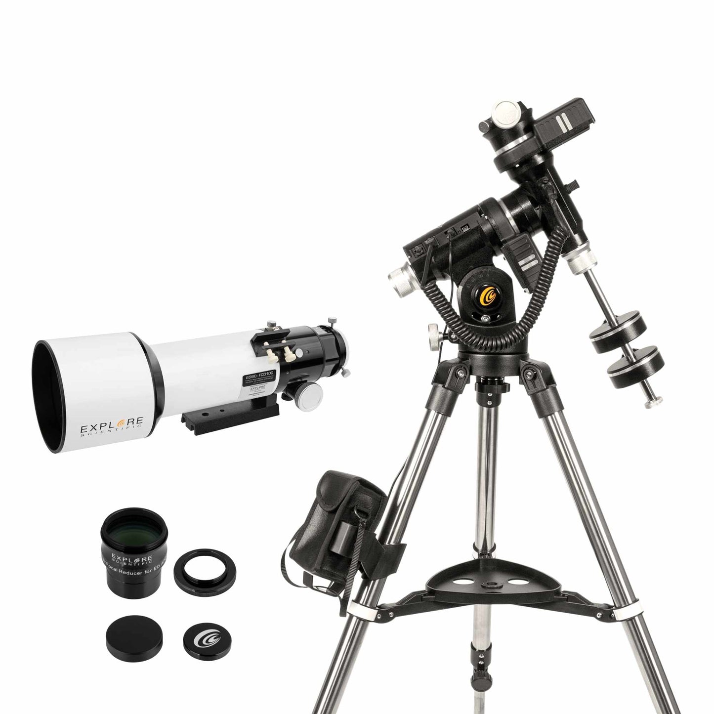 Explore Scientific ED80-FCD100 Air-Spaced Triplet Refractor Telescope with 0.8x Focal Reducer and iEXOS-100-2 PMC-Eight Equatorial Tracker System FCD100-0806-FR0.8x-iEXOS100
