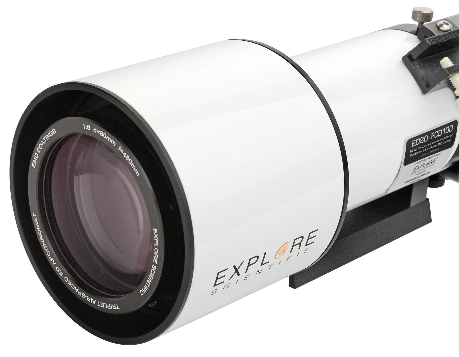 Close-up of the Explore Scientific FCD100 80mm refractor front lens cell and dew shield