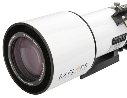 Close-up of the Explore Scientific FCD100 80mm refractor front lens cell and dew shield