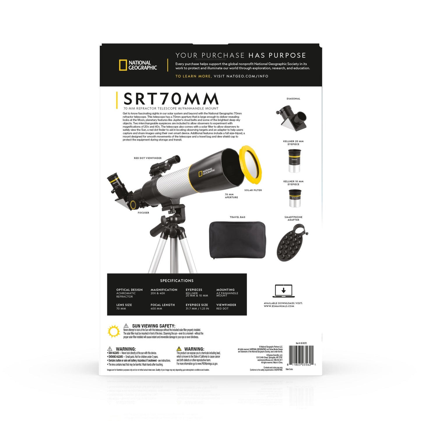 SRT70MM 70mm Refractor Telescope with Panhandle Mount and Solar Filter